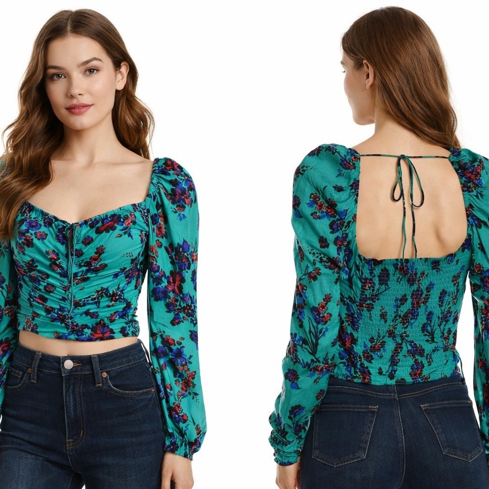 Free people Green Floral Cropped Top Romantic Fairycore  Whimsigoth Boho SZ S - Picture 5 of 6